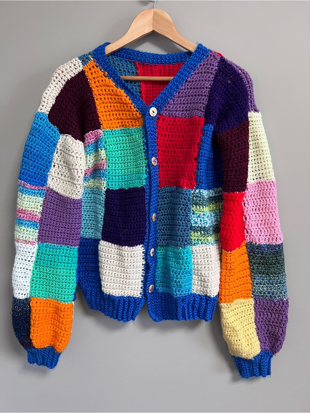 Handcrafted Multicolor Patchwork Crochet Knit Cardigan Sweater